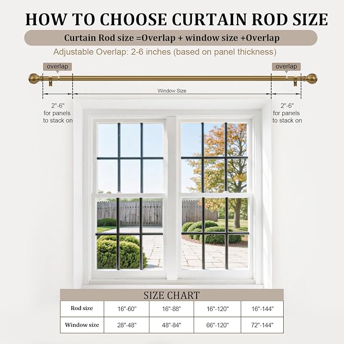 2 Pack Warm Gold Curtain Rods for Windows 48 to 84 Inch 1" Diameter | Adjustable Heavy Duty Brass Window Curtain Rod with Metal Finials for Living Room Bedroom Farmhouse Kitchen Outdoor