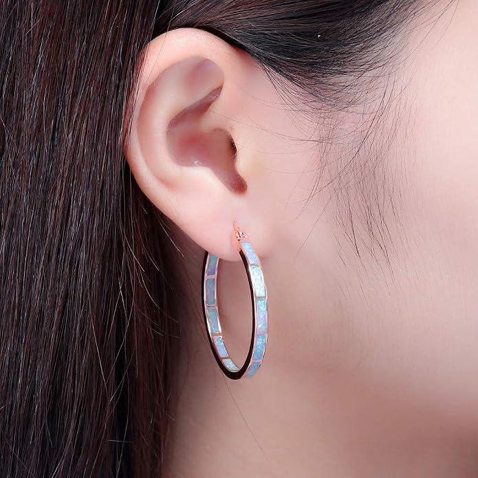 CiNily Opal Hoop Earrings,Women Jewelry Rhodium Plated/Rose Gold or Yellow Gold Plated Gemstone Big Hoop Earrings 32mm