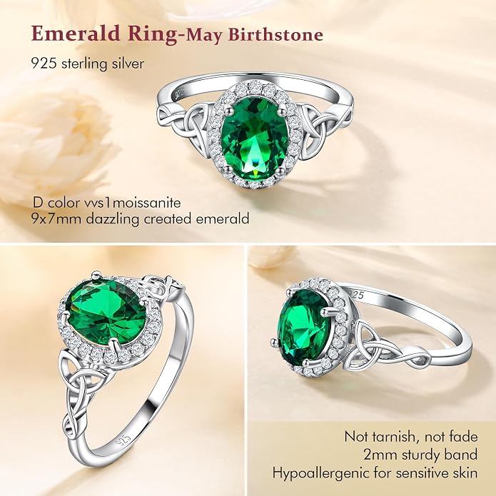 DAYBYDAY Celtic Birthstone Rings for Women 925 Sterling Silver Heart/Round/Pear/Oval Created Gemstone Moissanite Halo Engagement Promise Rings for Her Wife Birthday Anniversary Wedding Jewelry
