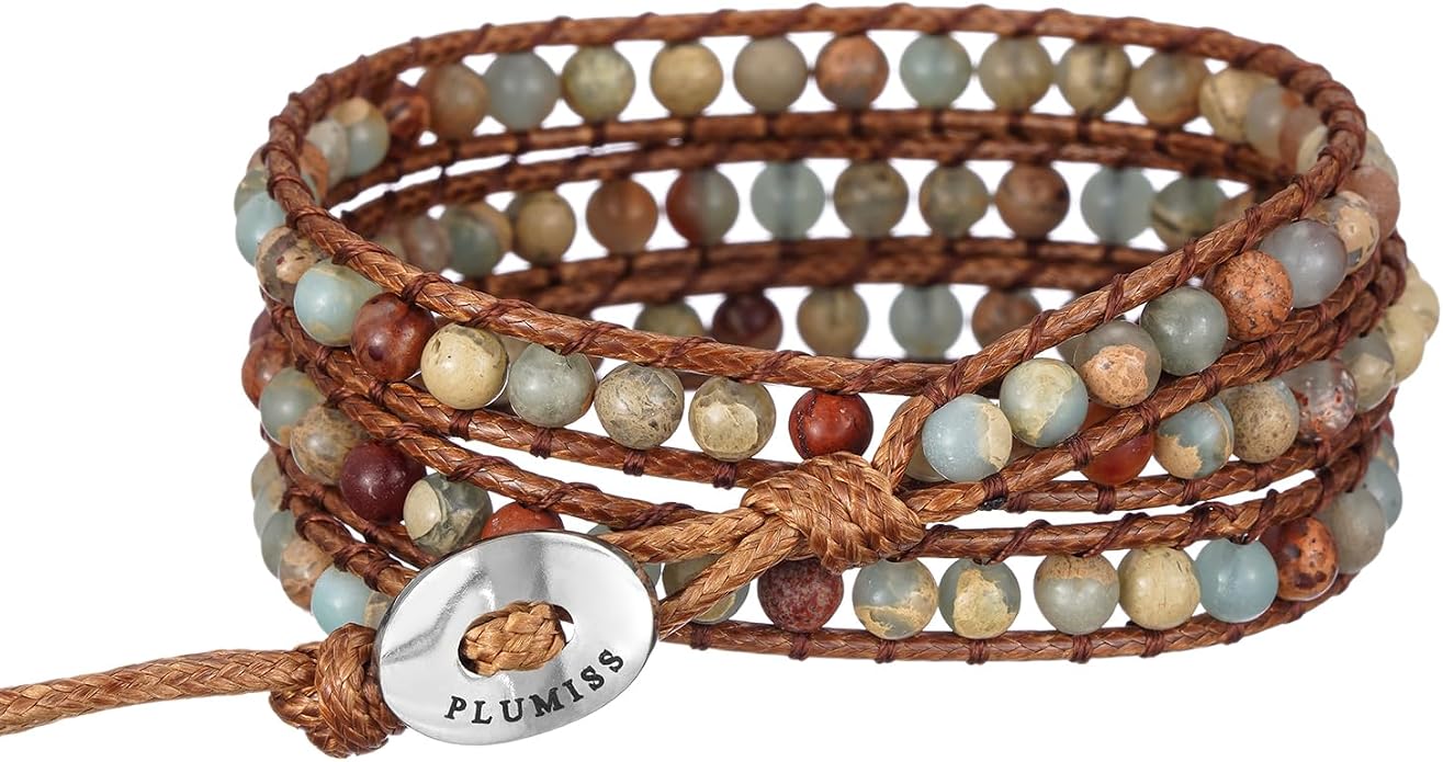 Plumiss Women Boho Handmade Natural Stone Crystal Leather Bead Wrap Bracelets Collection