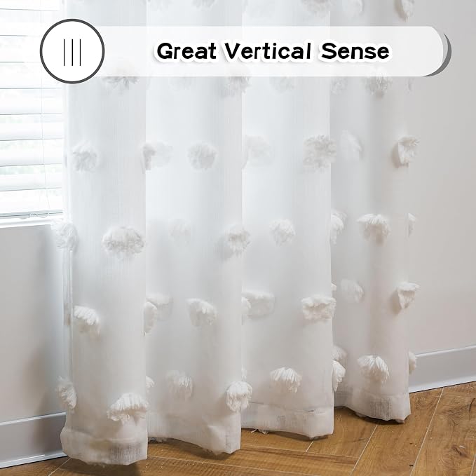 MYSKY HOME White Curtains for Living Room 84 Inches Long Double Layer Nursery Curtain for Kids Bedroom White Pom Pom Sheer Back Tab Light Filtering Privacy Protect Window Drapes 2 Sets, 52 x 84 in