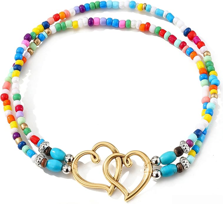 Ankle Bracelets for Women Waterproof Elastic Heart Anklet Stretchy Ankle Bracelets Colorful Beaded Anklets Boho Ankle Bracelets Silver Beach Anklet Jewelry Accessories for Summer