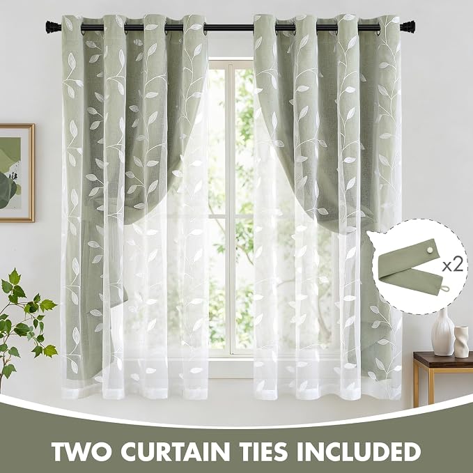 MIULEE Double Layer Curtains 63 Inches Long, White Leaf Patterned Sheer Floral Drapes and Sage Green Blackout Room Darkening Curtains for Living Room Bedroom, Grommets Top, 52" W x 63" L, 2 Panels