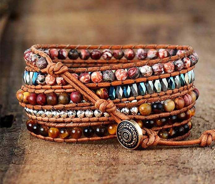 Boho Wrap Bracelet for Women, Handmade Natural Imperial Jasper Multi-Layer Stone Beaded Bracelet, Bohemian Healing Crystal Stone Jewelry Gifts
