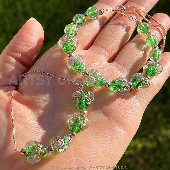 ARTSY Crafts Glow in the Dark Heart Shaped Glass Bead Bracelets & Necklaces, Handmade in USA