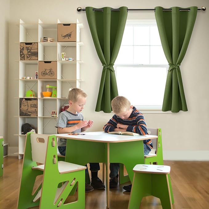 Hiasan Blackout Curtains for Bedroom - Light Blocking & Noise Reducing Window Curtains for Living Room, 2 Drape Panels Sewn with Tiebacks, Olive Green, 38 x 54 Inch