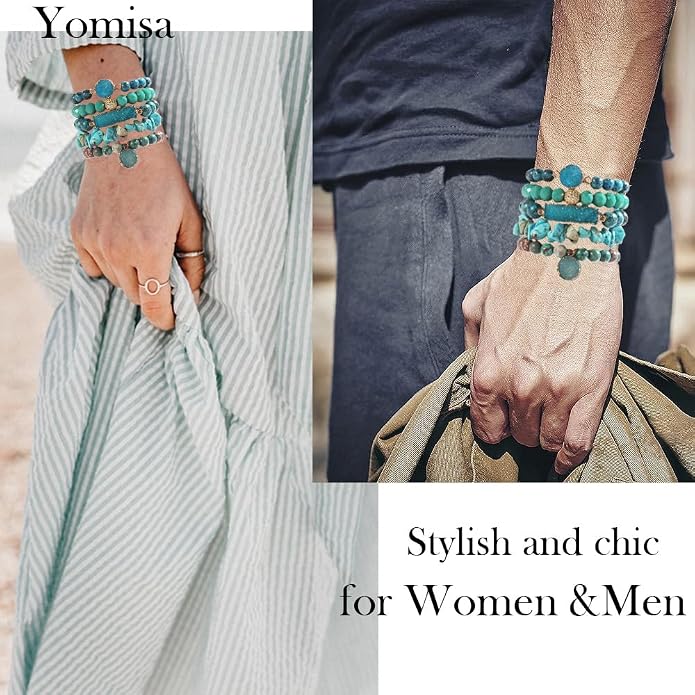 Yomisa 5PCS 6PCS Natural Boho Beaded Bracelets/Bangle for Women Men,Healing Turquoise Jasper Agate Crystal Gemstone Stone Chakra Multilayer Wrap Bohemian Handmade Jewelry Beads Stretch Bracelet Set