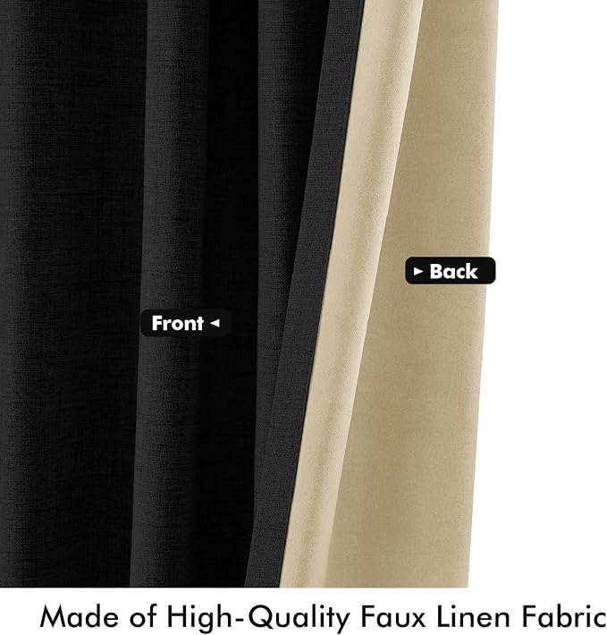 MIULEE 100% Blackout Linen Curtains for Bedroom 42 x 96 Inch Black 2 Panels | Thermal Insulated, Room Darkening Drapes for Living Room, Back Tab Rod Pocket Pinch Pleated, Solid Luxury Decor