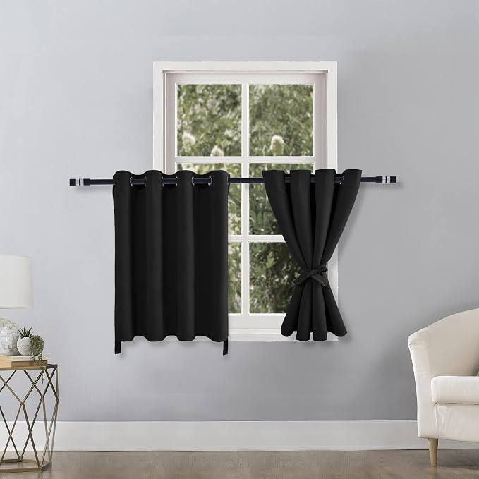 Hiasan RV Blackout Curtains for Bedroom, 52 x 30 Inches Long - Thermal Insulated & Light Blocking Window Curtains for Living Room, 2 Drape Panels Sewn with Tiebacks, Black