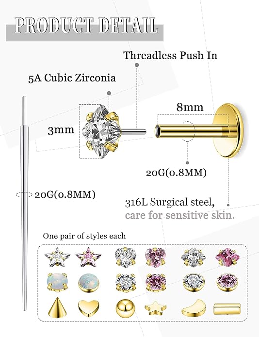 20G 18G 16G 14K Gold Filled Threadless Flat Back Earrings Studs Surgical Stainless Steel Opal CZ Nose Rings Studs Tragus Helix Conch Cartilage Earrings Piercing Jewelry For Women Men Silver