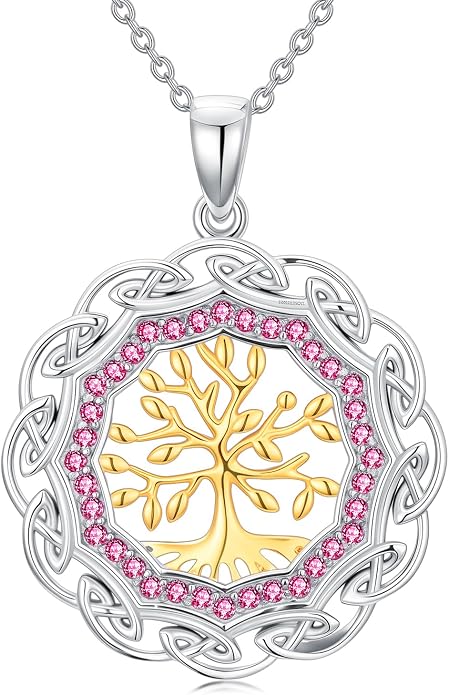 Sterling Silver Birthstone Celtic Tree of Life Necklace, 18K Gold Plated Colored Gemstone Tree of Life Pendant Two-Tone Necklaces Jewelry Birthday Gifts for Women 18" - 20"