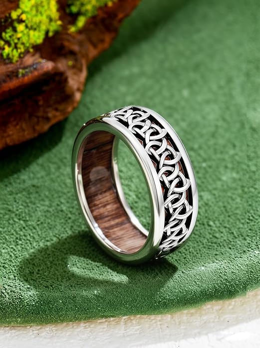 Wooden Celtic/Cross Ring 925 Sterling Silver Wedding Band Wood Mens Rings Engagement Ring Jewelry Gift for Men Women Size 8-14