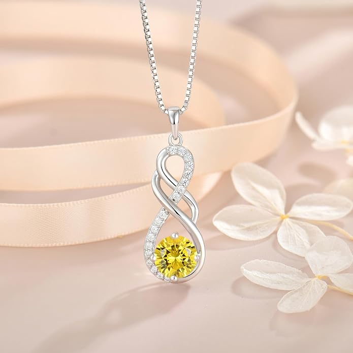 Gemstone Infinity Pendant Necklaces for Women, S925 Sterling Silver Round cut Zircon Necklace Birthstone Jewelry Gift for Her
