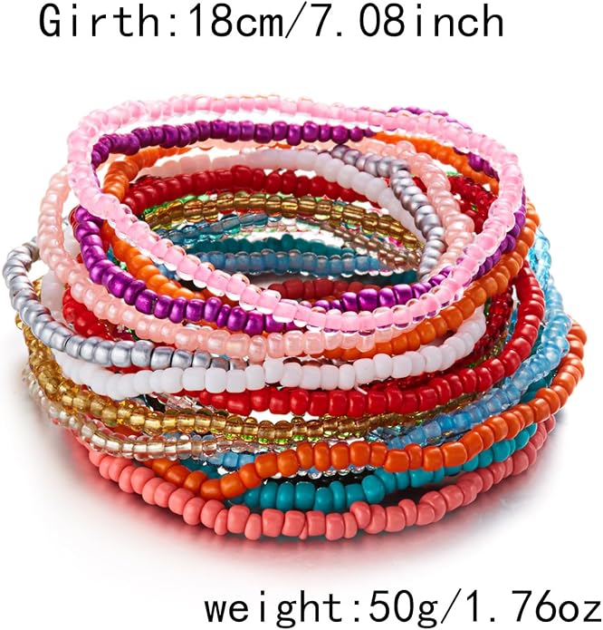 20pc Multicolor Bohemian Seed Beaded Stretch Stackable Handmade Bracelet Anklet Women's Summer Fashion Beach Resort Jewelry Gifts