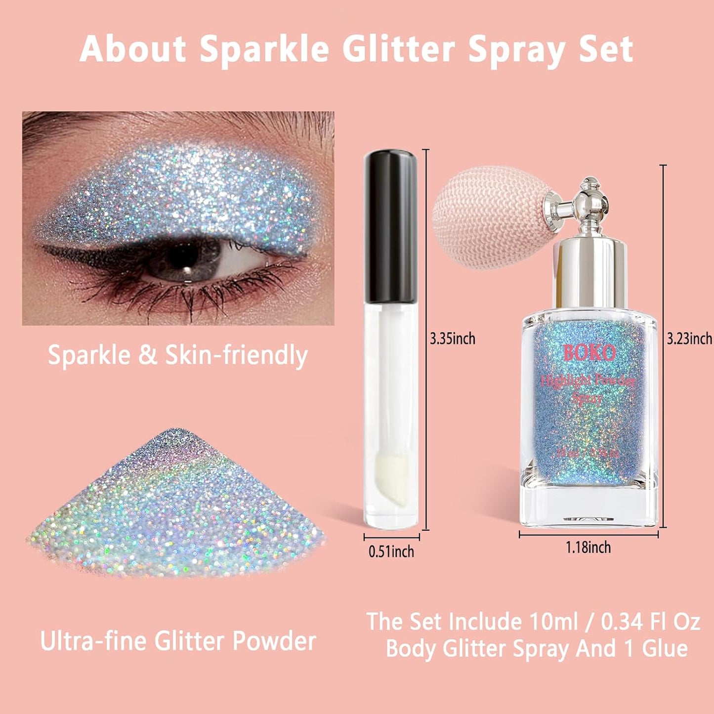 Boko Body Glitter Spray, Iridescent Glitter Spray for Sparkling Body Face Hair Nail Clothes, Hair Glitter Spray Body Shimmer Powder for Highlighter Makeup Mardi Gras Concert Party Rave Accessories
