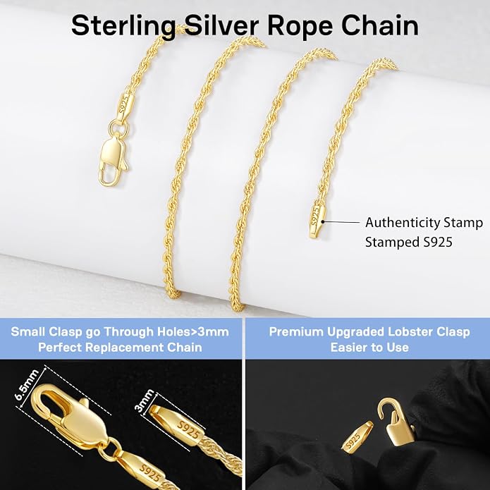 1.5mm 2mm Rope Chain 925 Sterling Silver Chain Necklace for Women, 14K Gold Plated Chains for Women Sturdy & Durable Women's Chains Necklace 16 18 20 22 24 26 Inch