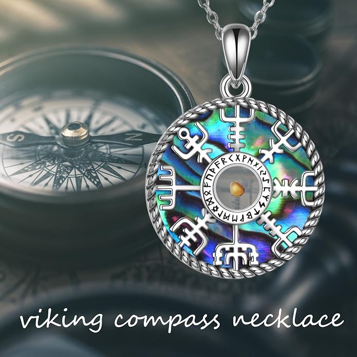 Viking Compass Necklace Sterling Silver Runes Vegvisir Pendant Necklace Mothers Day Jewelry Gift for Women Mom