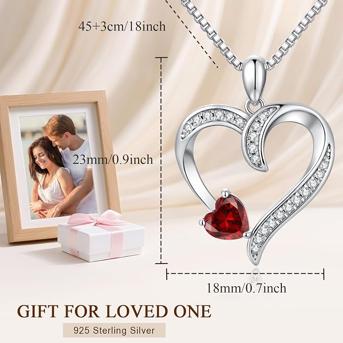 Love Heart Necklace for Women, 925 Sterling Silver Cubic Zirconia Birthstone Heart Pendant Jewelry Gift for Mom, Mother, Wife, Girlfriend on Birthday, Mother's Day, Chain 18 inch