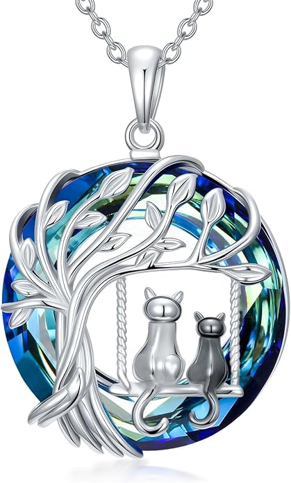 TOUPOP Cat Necklace Gifts for Women Sterling Silver Celtic Mounatin Moon Pendant with Blue Crystal Birthday Christmas Jewelry Gifts for Women