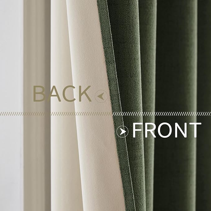MIULEE 100% Blackout Linen Textured Curtains for Bedroom Solid Thermal Insulated Olive Green Grommet Room Darkening Curtains & Drapes Luxury Decor for Living Room 42 x 90 Inch (2 Panels)