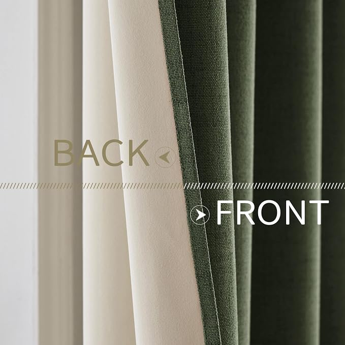 MIULEE 100% Blackout Linen Textured Curtains for Bedroom Solid Thermal Insulated Olive Green Grommet Room Darkening Curtains & Drapes Luxury Decor for Living Room 52 x 45 Inch (2 Panels)