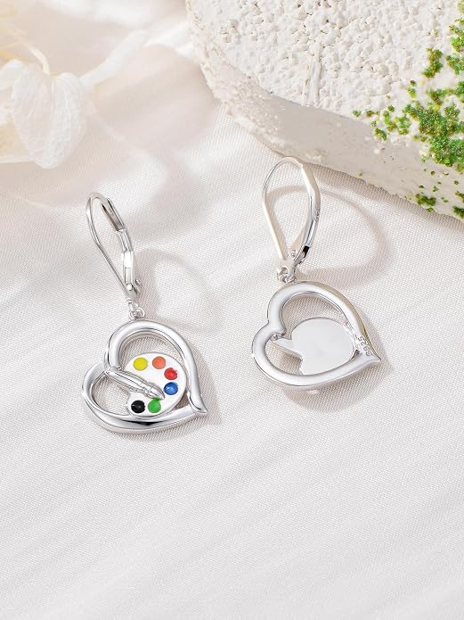 Midari Heart Dangle Earrings 925 Sterling Silver Leverback Drop Earrings Teacher Music Art Jewelry Gifts for Women Students Apple/Guitar/Palette/Note Design