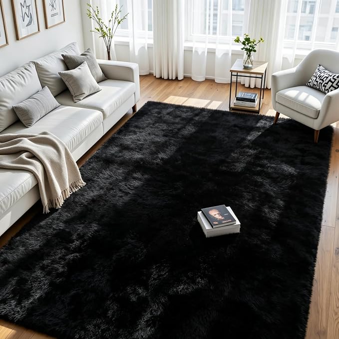 5x8 Area Rug for Living Room, Ultra Soft Fluffy Black Rugs for Bedroom, Non Slip Large Shag Carpet, Fuzzy Plush Nursery Rug, Thick Washable Indoor Floor Carpets for Kids Office Dorm Home Decor