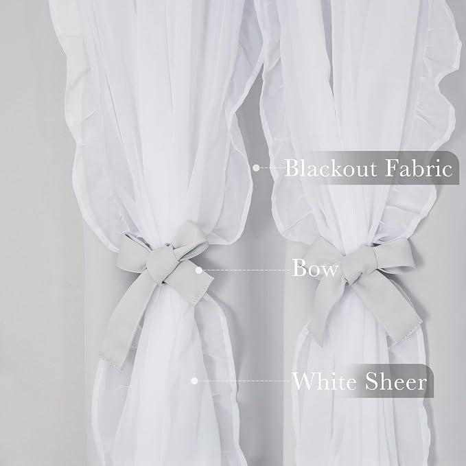 PONY DANCE Shabby Chic Curtains with Ruffle Sheer Overlay for Girls Bedroom, Double Layer Room Darkening Drapes,Farmhouse Rustic Design, 52" W x 95" L, Greyish White, 2 Pieces