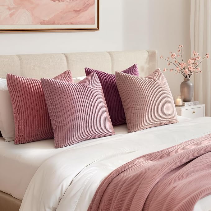 EMEMA Aesthetic Pink Decorative Throw Pillow Covers for Couch Bed Livingroom 18x18 Inch Set of 4 Cute Coquette Corduroy Boho Square Pillow Case,Western Modern Cushion Covers Home Spring Decor