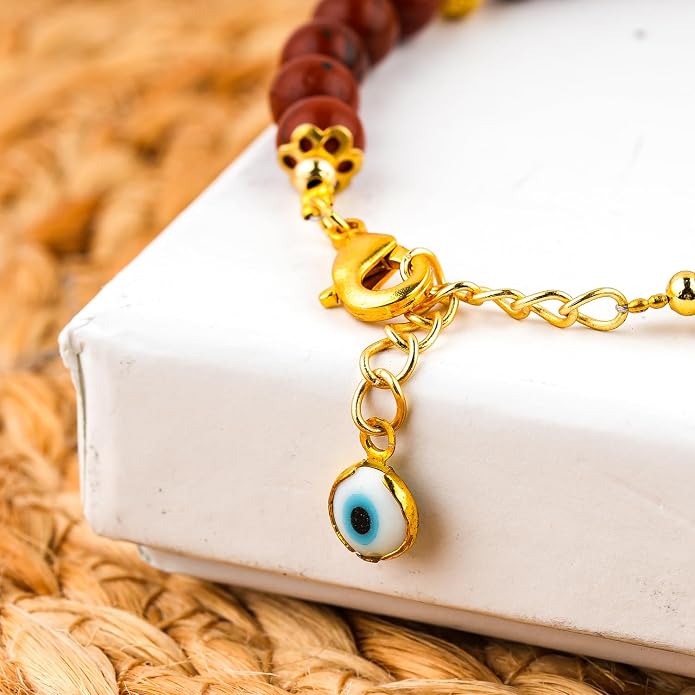AAA Grade Natural Gemstone Beaded Bracelet, 14K Gold Plated with Evil Charm, Wicca & Reiki Healing Crystals, Handmade Bohemian Jewelry, Christmas Gift for Women (7+1inch)