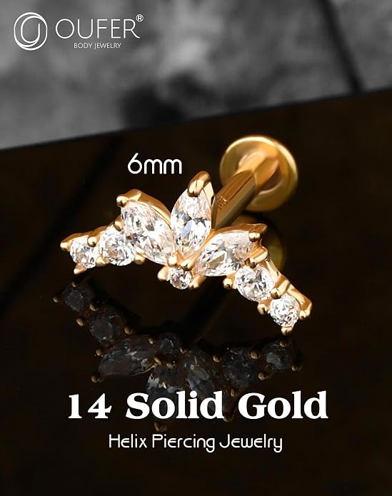 OUFER Helix Piercing Jewelry, 14K Solid Gold Cartilage Earrings, Clear CZ Lip Rings, Flat Back Helix Earrings, Internally Threaded Tragus Conch Lobe Piercing Jewelry, Labret Jewelry