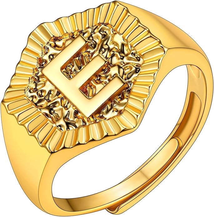 KeyStyle Bold Initial Letter Rings Adjustable, GoldChic Jewelry Women Gold Statement Ring Personalized Engraved Women’s Open Signet Ring for Party (Gold, White Gold, Black)
