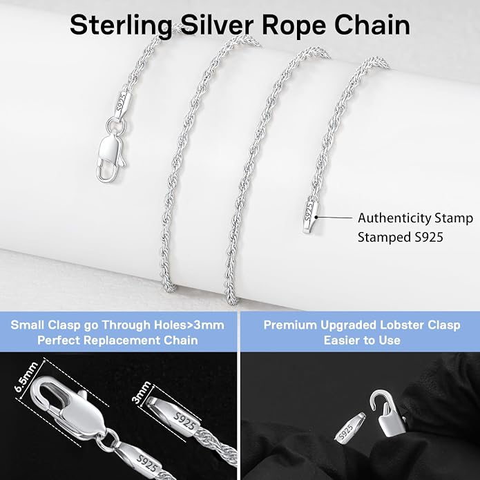 1.5mm 2mm Rope Chain 925 Sterling Silver Chain Necklace for Women, 14K Gold Plated Chains for Women Sturdy & Durable Women's Chains Necklace 16 18 20 22 24 26 Inch