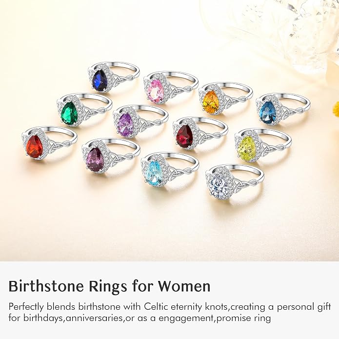 DAYBYDAY Celtic Birthstone Rings for Women 925 Sterling Silver Heart/Round/Pear/Oval Created Gemstone Moissanite Halo Engagement Promise Rings for Her Wife Birthday Anniversary Wedding Jewelry