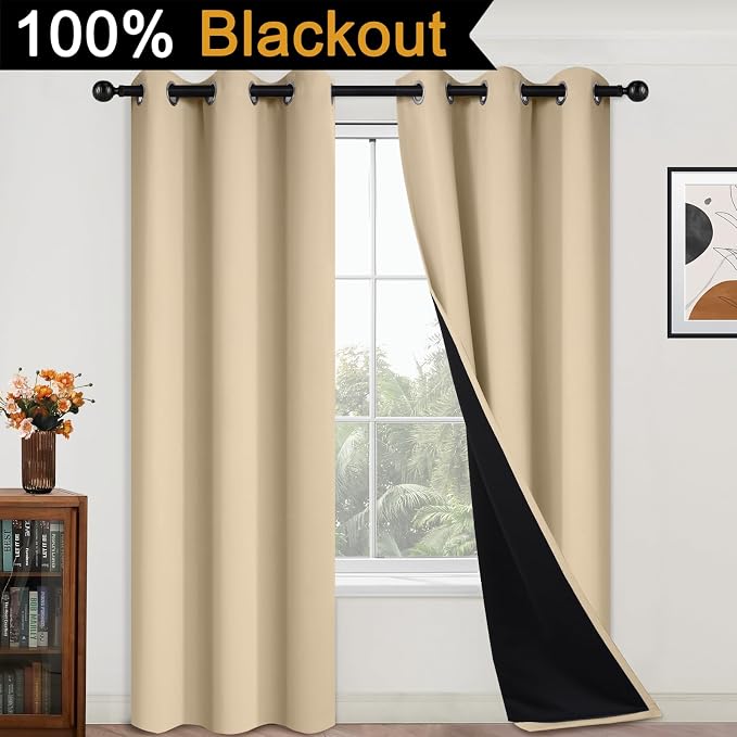 Yakamok Black 100% Blackout Curtains 84 Inches Long for Bedroom 42" Wide | Blackout Curtain Panels for Bedroom, 2 Thick Layers Grommet Top Thermal Insulated Drapes with Black Liner for Living Room
