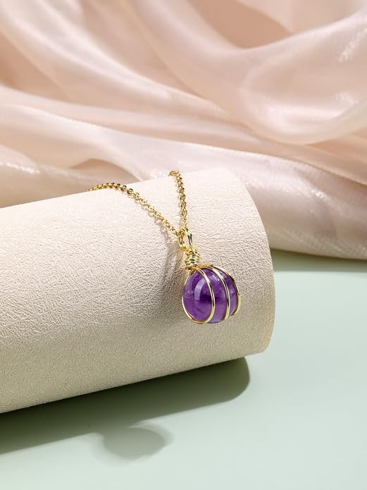 Top Plaza Amethyst Crystal Necklaces for Women Lucky Round Stone Wired Wrap Natural Healing Gemstone Pendant Purple Necklace Protection Jewelry Christmas Gift