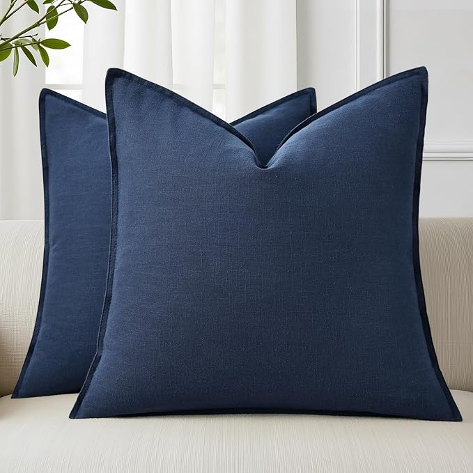 decorUhome Fall Navy Blue Linen Throw Pillow Covers 16x16 Set of 2 | Decorative Soft Cozy Modern Farmhouse Boho Accent Pillow Cases with Flange Edges for Couch Bed Sofa Living Room Home Decor