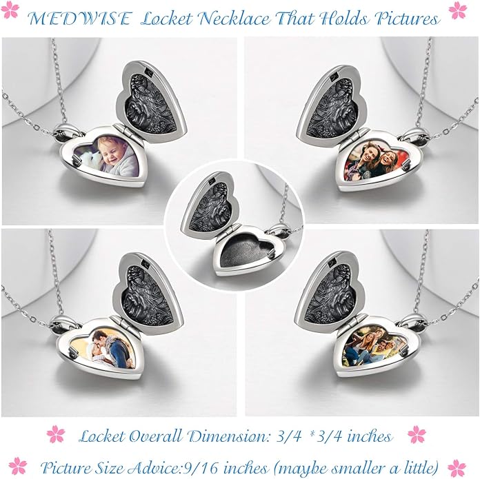 MEDWISE 925 Sterling Silver Locket Necklace That Holds Pictures Photo Necklace Oxidized Rose Flower/Sunflower/Compass/Celtic Heart Pendnat Lockets Gifts for Women Birthday Christmas Gifts