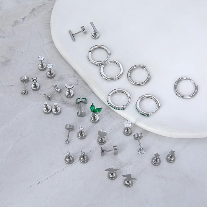 Stainless Steel Stud Earrings Set for Women Hypoallergenic Flat Back Cartilage Earrings Screw Back Huggie Hoop Earrings Multiple Piercing Cubic Zirconia Helix Tragus Jewelry