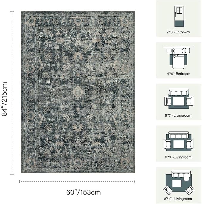 Rugxara Area Rugs 5x7 Washable Rug for Living Room Bedroom, Blue Rug | Non Slip, Rug for Dining Room Dorm Office Farmhouse, Stain Resistant, Soft, Vintage Boho Retro Carpet, Low Pile, Home Decor