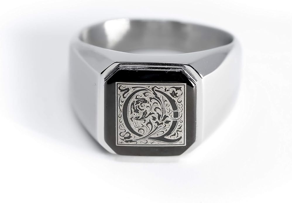 Jewelry | Stainless Steel Letter Alphabet Initial Ring | Square Flat Top Ring for Men & Women | Stainless Steel Jewelry, (Black, Gold, Silver), Size 7-16