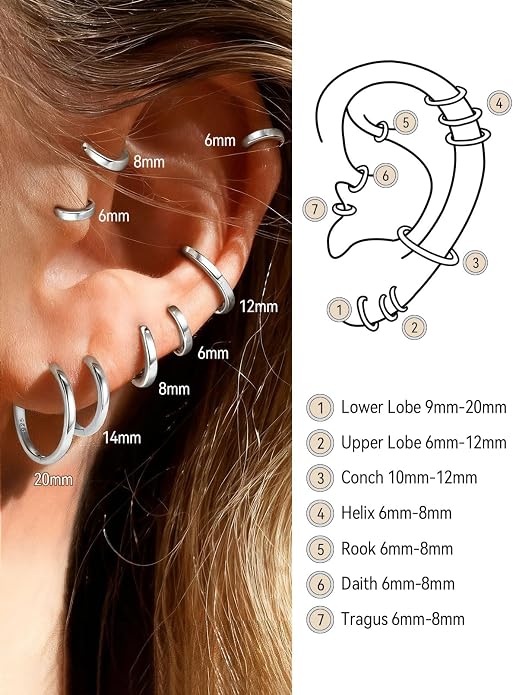 FaithHeart 925 Sterling Silver Huggie Hoop Earrings, Silver Small Hoop Earring for Women, 14K Gold/Black/Rose Gold Hypoallergenic Cartilage Earrings for Women 6/8/10/12/14/16/18/20mm
