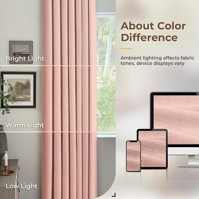 INOVADAY 100% Blackout Curtains for Bedroom, Blush Pink Black Out Curtains 96 Inch Long, Clip Rings Linen Blackout Drapes, Thermal Insulated Room Darkening for Living Room, 2 Panels - W50xL96