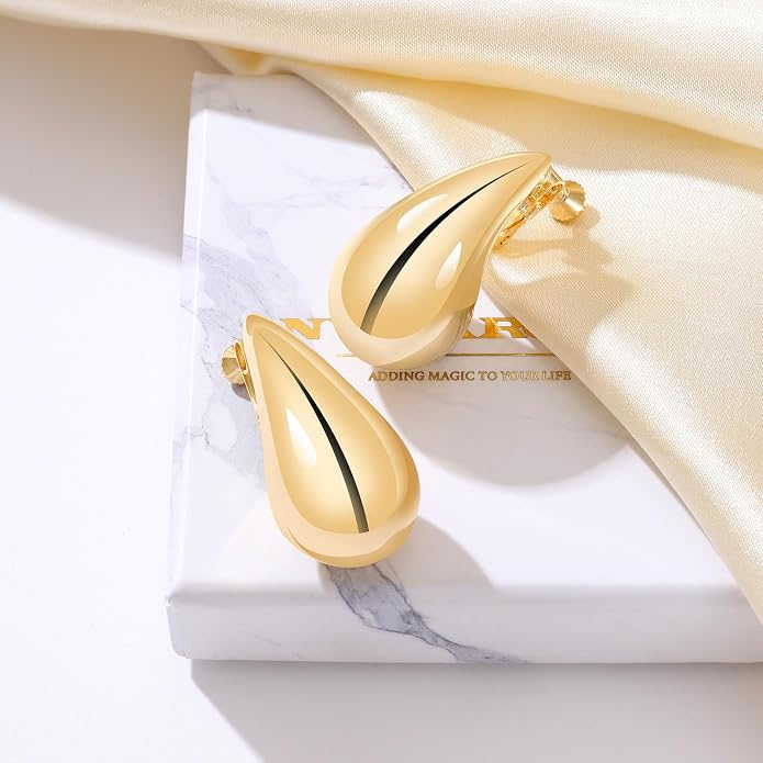 Gold Drop Clip On Earrings Dupes Teardrop Chunky Non Pierced Earring 14K Real Gold Plated Hypoallergenic Lightweight Earrings for Women（Gold and Silver）