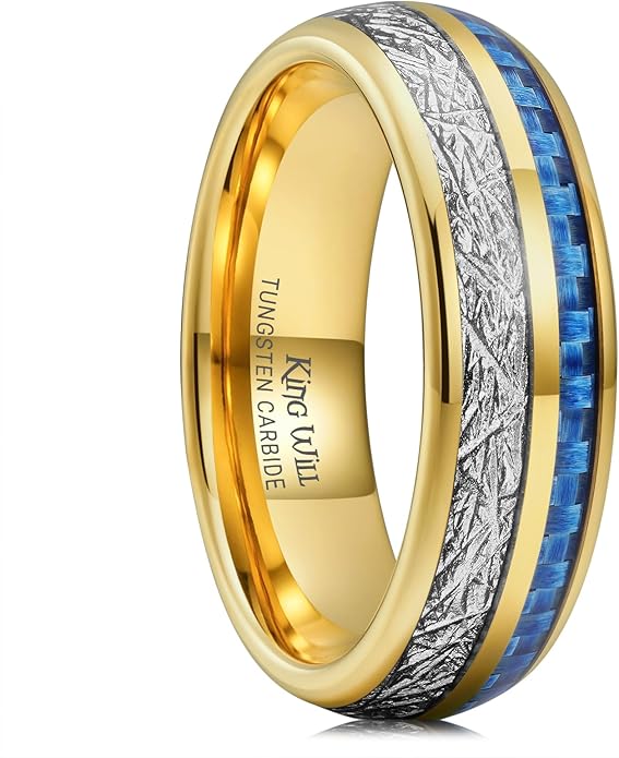 King Will Tungsten Rings for Men Meteorite Carbon Fiber Wood Inlay Mens Wedding Engagement Band Domed Polished