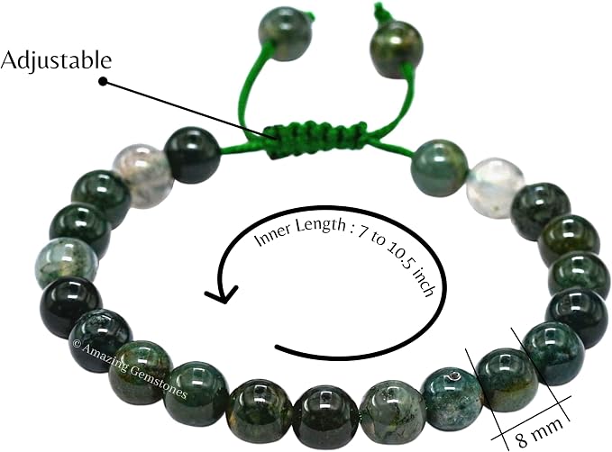 Amazing Gemstone Moss Agate Bracelet for Women Men's Gifts - Protection Healing Crystal Bracelet - 8mm Gemstones Beaded Adjustable Bracelet Pulseras para Hombres Mujer Stocking Stuffers