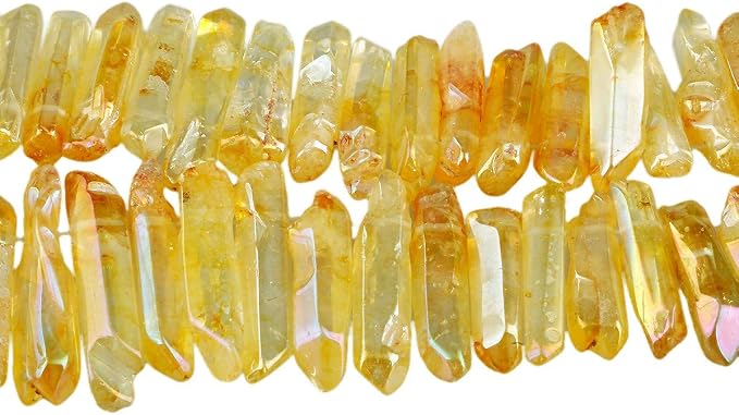 TUMBEELLUWA Rock Quartz Crystal Points Loose Beads for Jewelry Making, Titanium Coated Polished/Raw Quartz Beads 15 Inches Top Drilled,Yellow Crystal Points(0.5"-1.6")