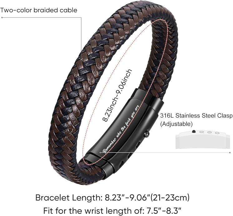 VNOX Men's Inspirational Mantra Engarved Handmade Braided Leather Adjustable Cuff Bangle Bracelet Encouragement Motivational Gift for Men