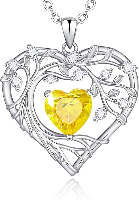 Tree of Life Birthstone Pendant Necklace - 925 Sterling Silver Heart Cubic Zirconia Diamond Women Pendant Necklaces for Her Daughter Girlfriend Birthday Gift Ideas for Wife Mom for Valentines Day
