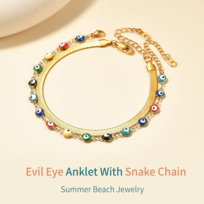 Supcare Evil Eye Anklets for Women,Cuban/Figaro/Mariner/Snake Chain Layered Ankle Bracelet Gifts (with Gift Packing)